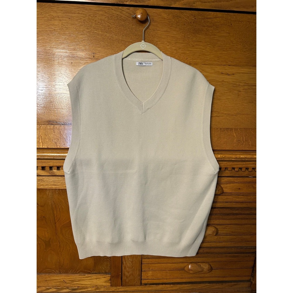 Zara Old Money Preppy Mens Knit Sweater Vest V-Neck Sleeveless Cream Beige Clean